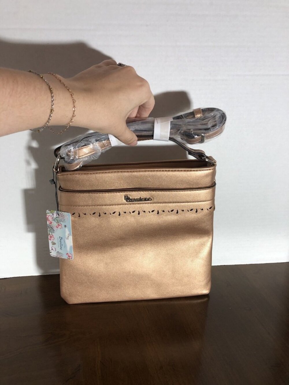 Brentano Square Crossbody W/scalloped Design In Rose Gold 10” x 10” x 1”